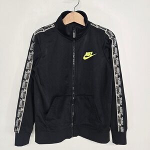 Nike Track Jacket Kids Size 7 Black Volt Logo Tape Full Zip Athletic H514-023